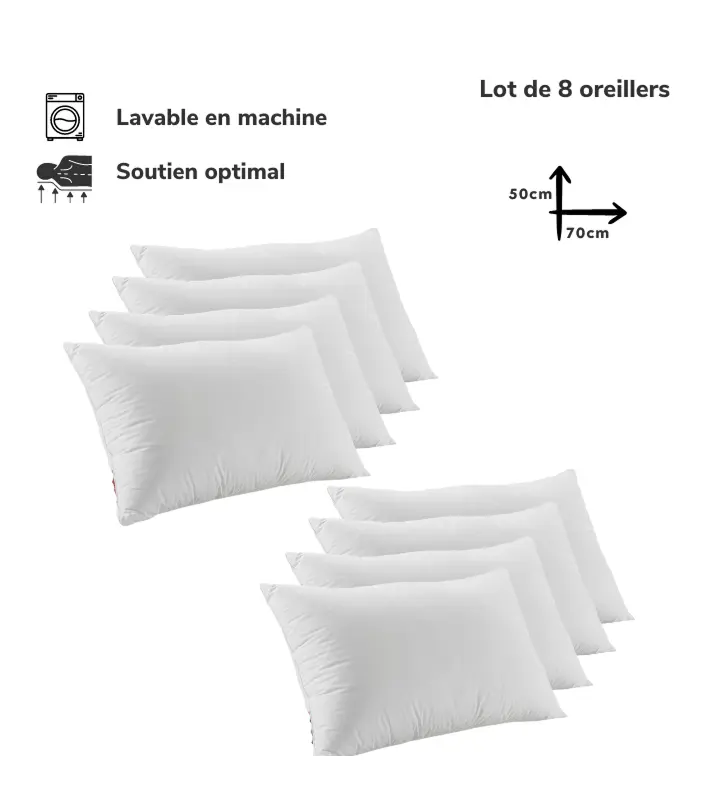 8 Oreiller Orthopédique Top Qualité Lavable 70x50cm